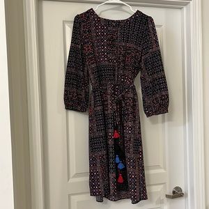 NWOT Loft Boho-Chic Long-Sleeved Tassel Dress, Women’s Size M, Black Pattern